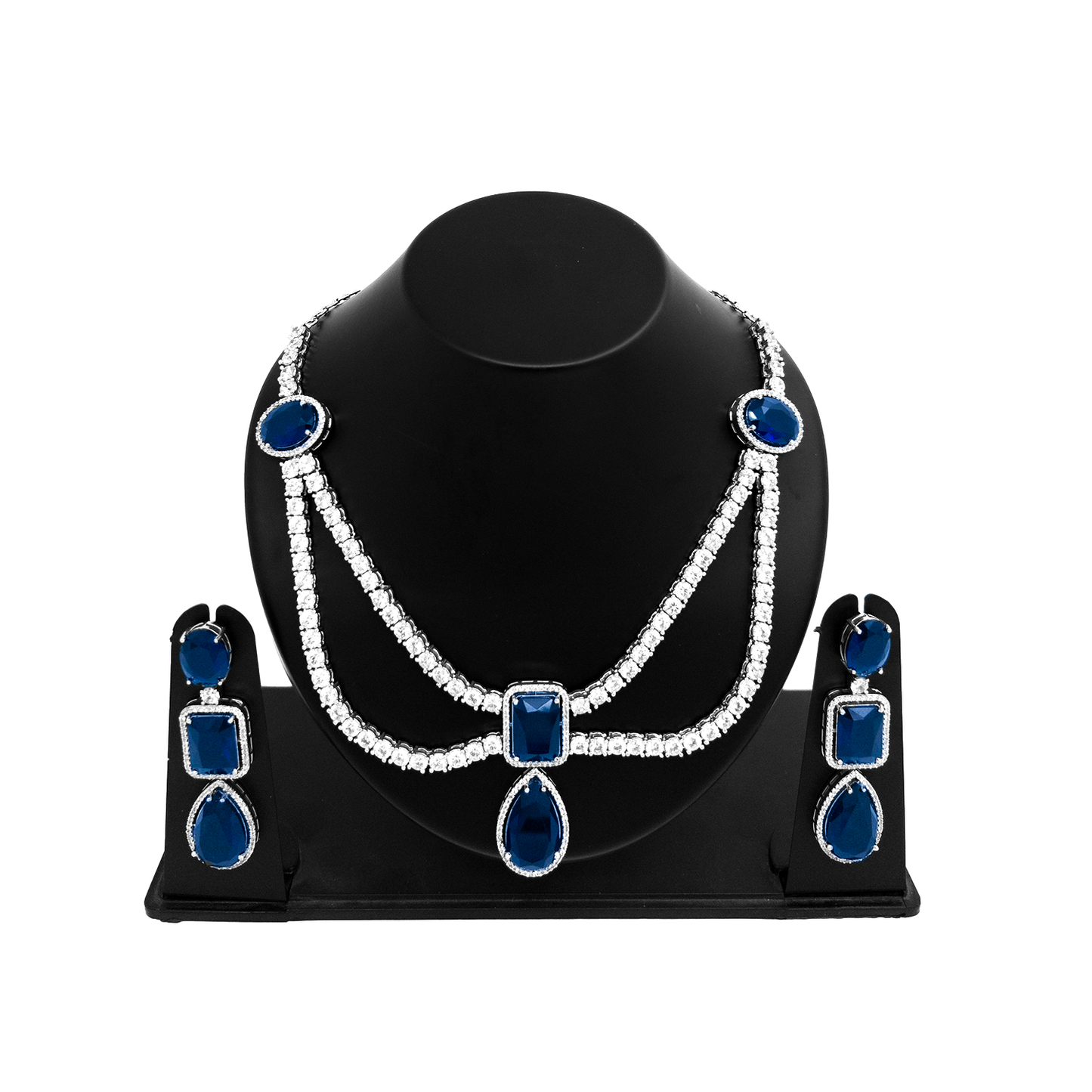 Shyneva Blue Crystal Bloom AD Necklace Set | Rhodium Plated Silver Jewellery
