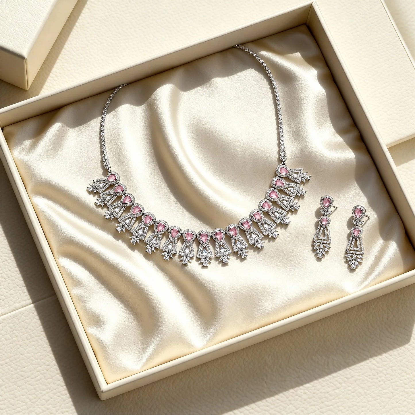Shyneva Pink Opulent Shine AD Necklace Set | Rhodium Plated Silver Jewellery