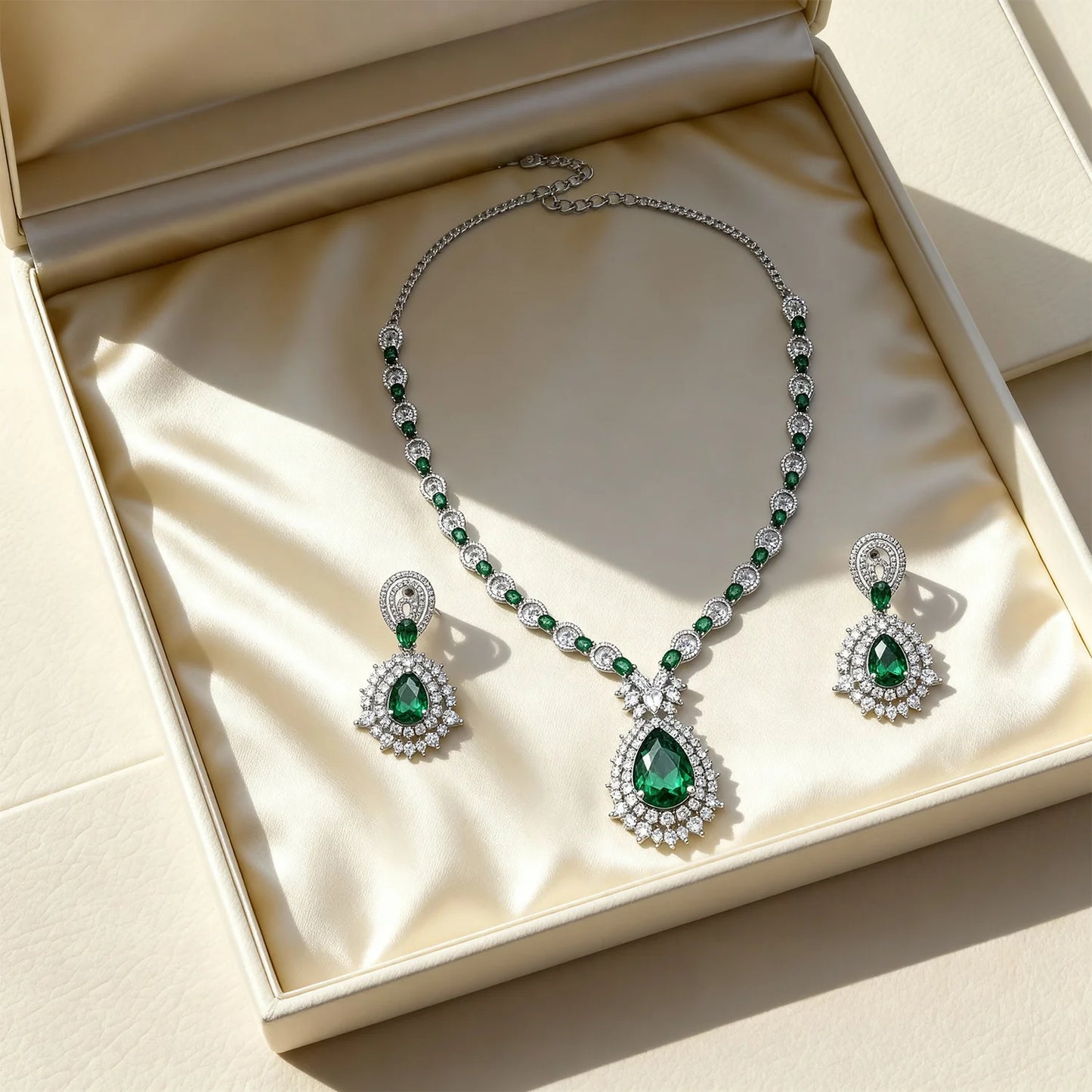 Shyneva Luxury Sparkle AD Necklace Set | Rhodium Plated Silver Jewellery
