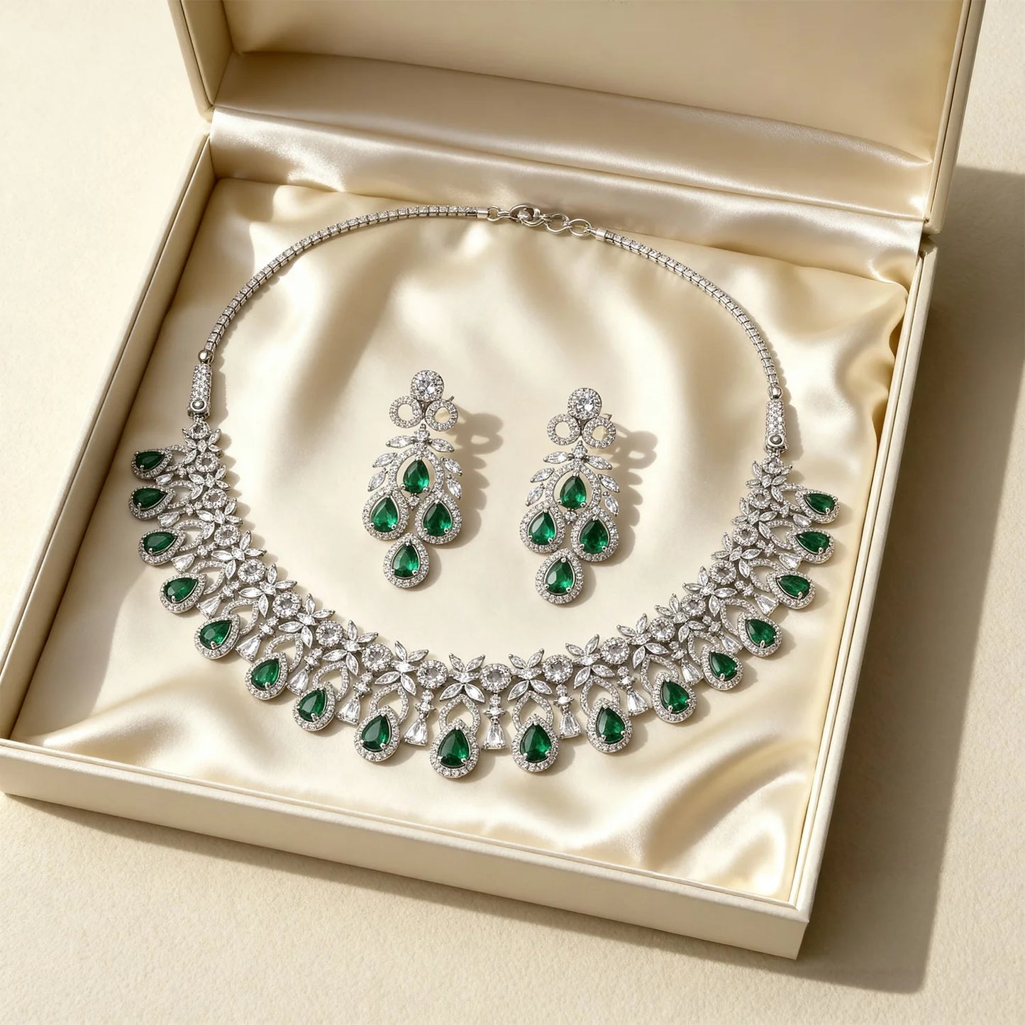 Shyneva Green Graceful Diva AD Necklace Set | Rhodium Plated Silver Jewellery