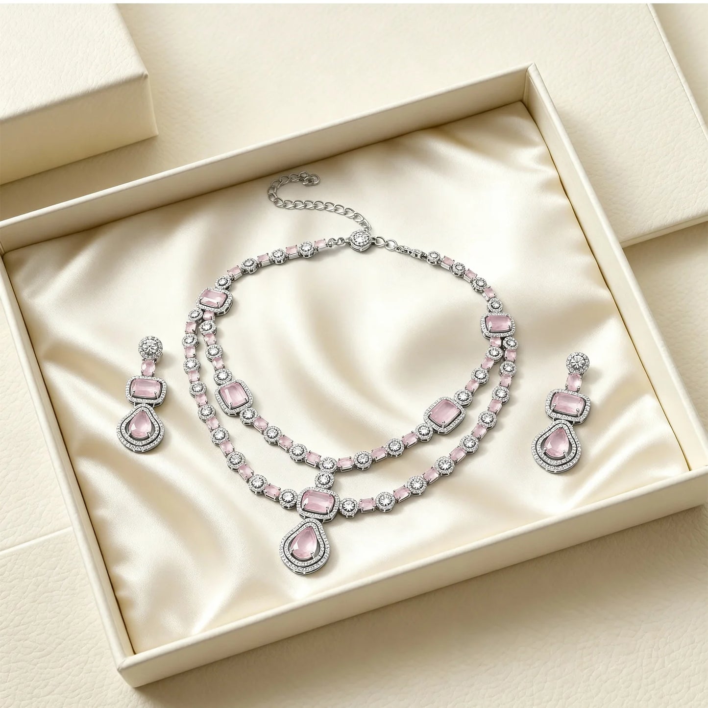 Shyneva Shimmering Beauty AD Necklace Set | Rhodium Plated Silver Jewellery