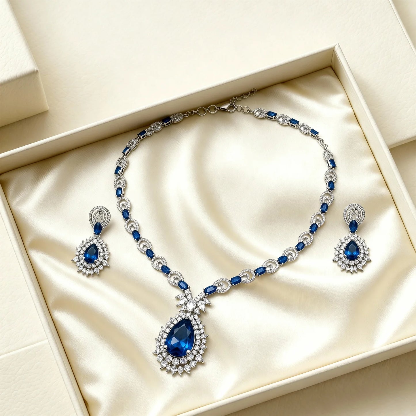 Shyneva Green Majestic Pearl AD Necklace Set | Rhodium Plated Silver Jewellery