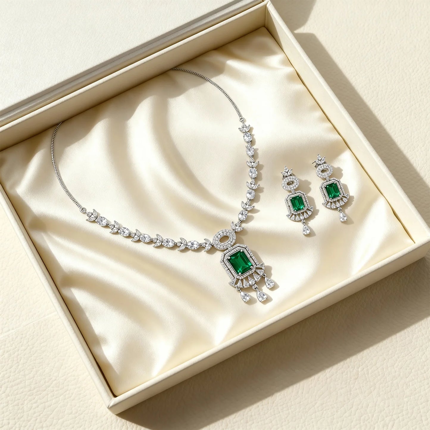 Shyneva Pink Classic Glow AD Necklace Set | Rhodium Plated Silver Jewellery