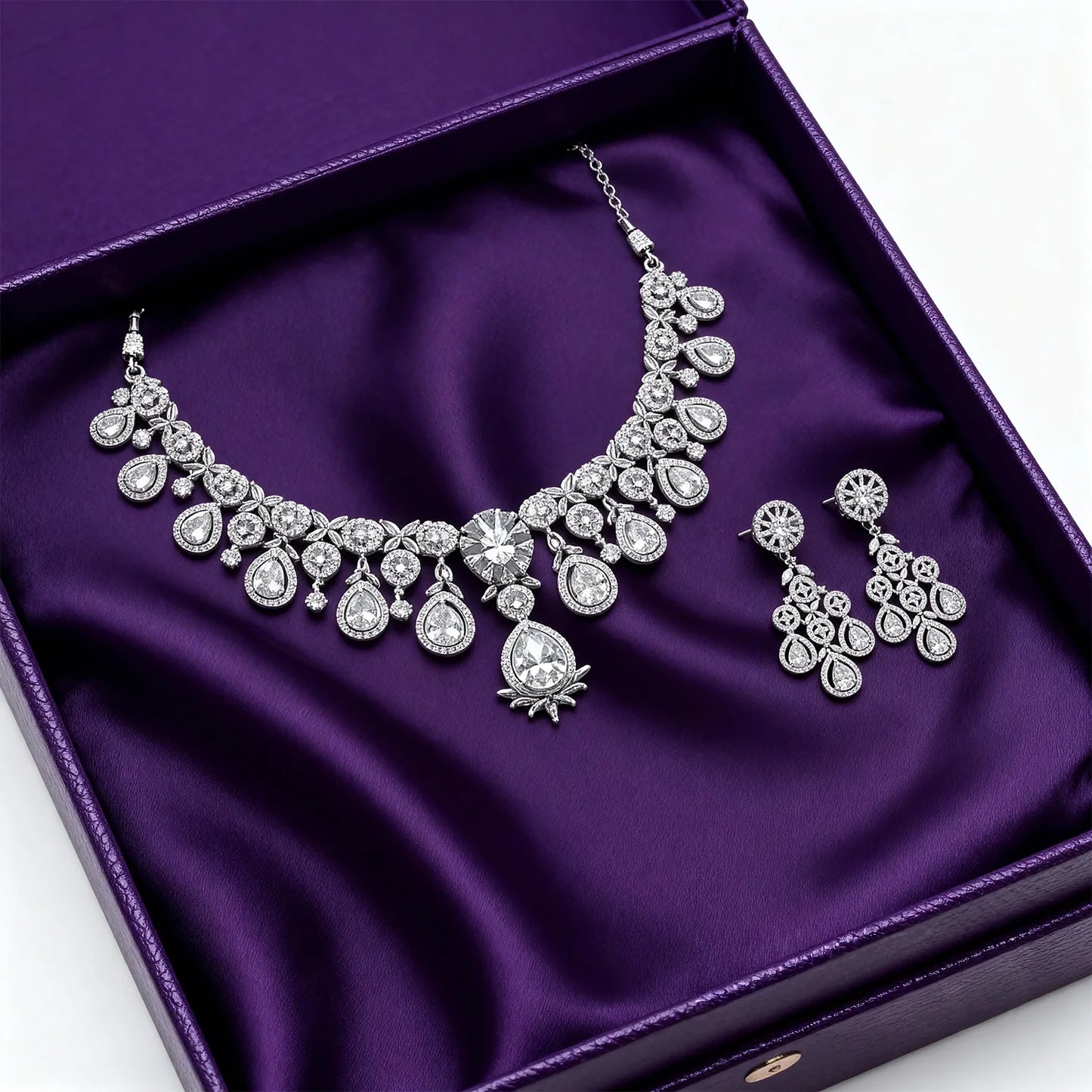 Shyneva Luxe Shine AD Necklace Set | Rhodium Plated Silver Jewellery