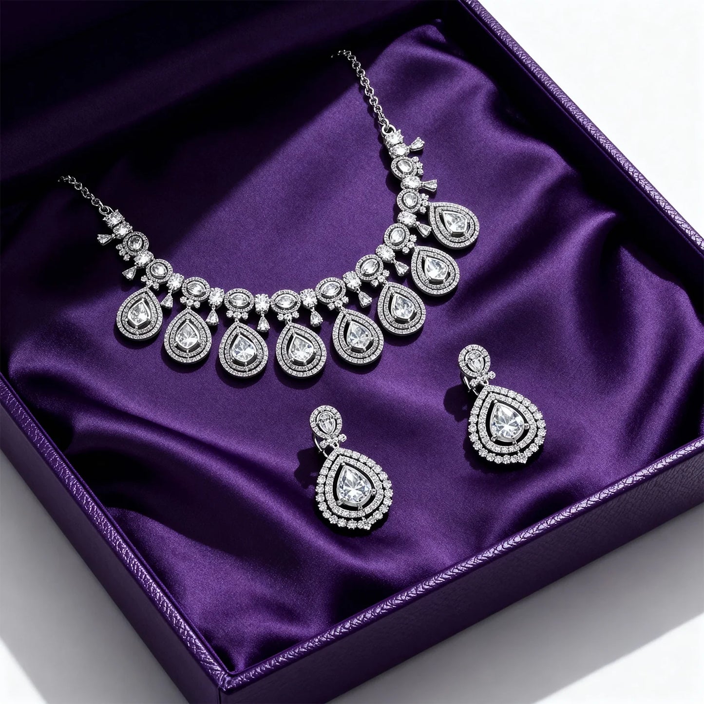 Shyneva Chic Glam AD Necklace Set | Rhodium Plated Silver Jewellery