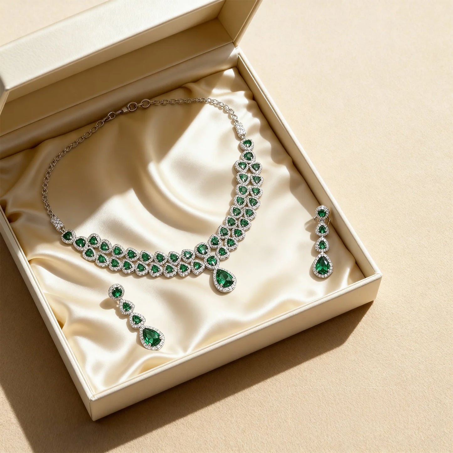 Shyneva Green Celestial Glow AD Necklace Set | Rhodium Plated Silver Jewellery