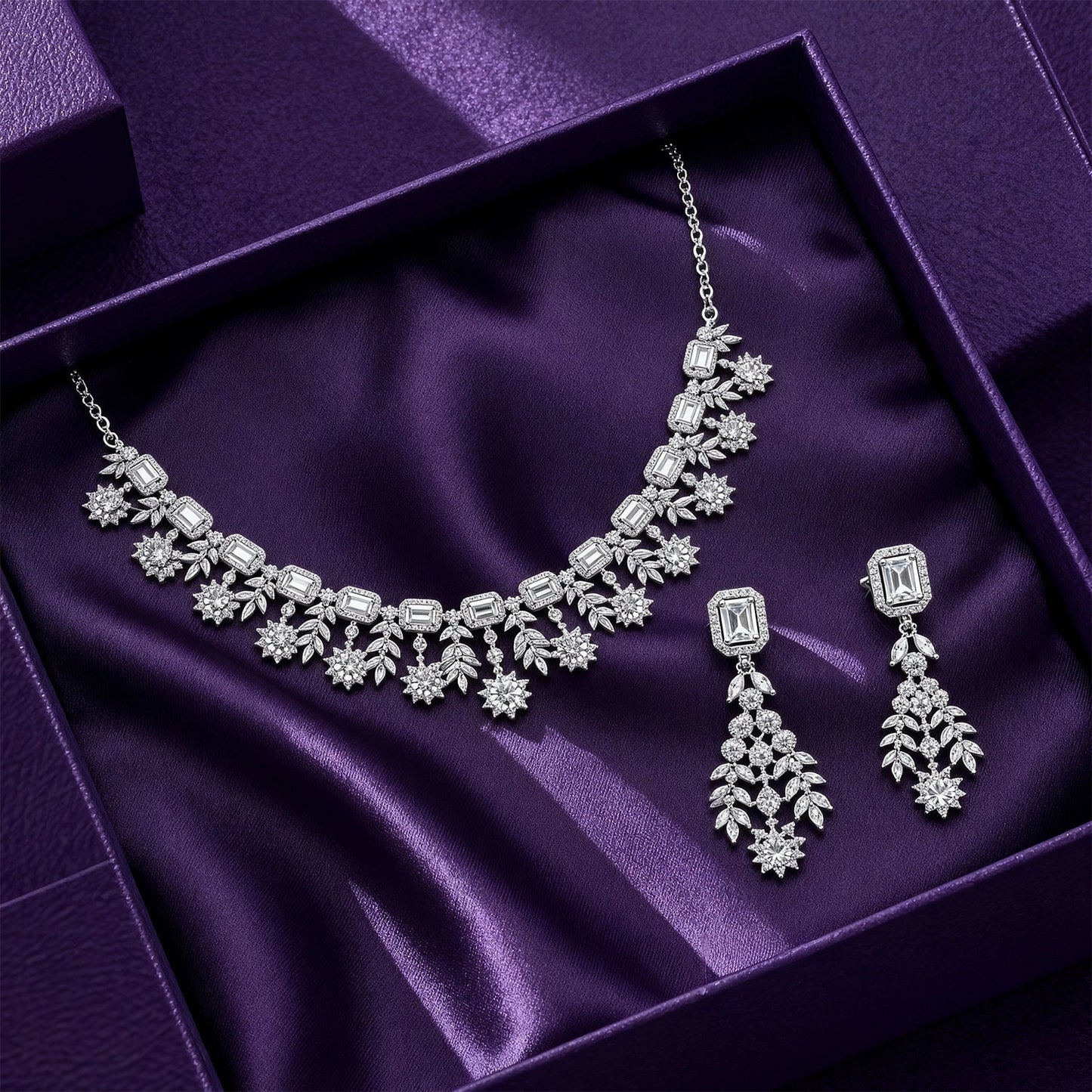 Shyneva Regal Charm AD Necklace Set | Rhodium Plated Silver Jewellery