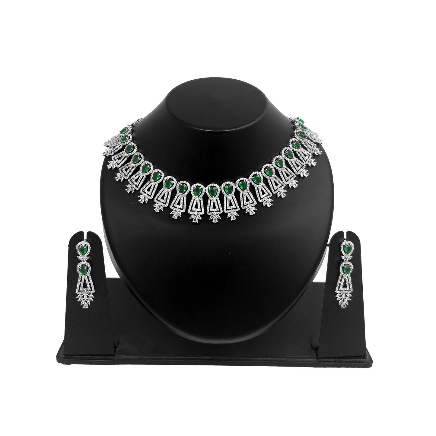 Shyneva Royal Green Bride AD Necklace Set | Rhodium Plated Silver Jewellery