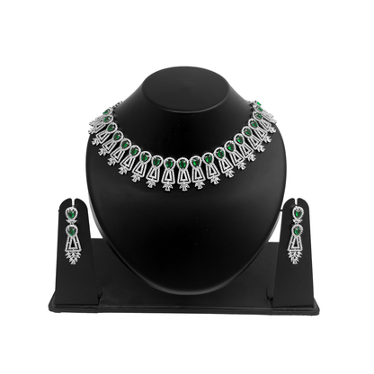 Shyneva Royal Green Bride AD Necklace Set | Rhodium Plated Silver Jewellery
