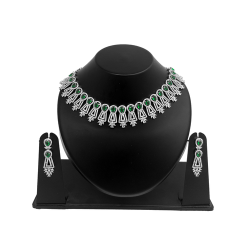 Shyneva Royal Green Bride AD Necklace Set | Rhodium Plated Silver Jewellery