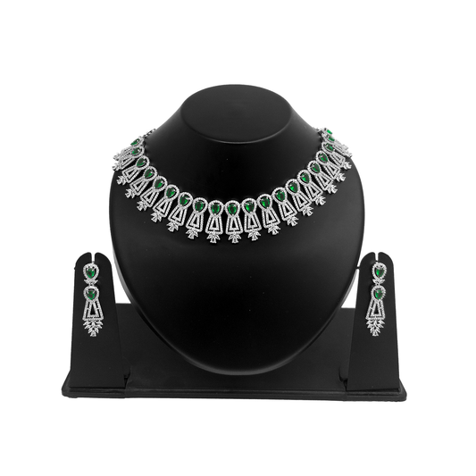 Shyneva Royal Green Bride AD Necklace Set | Rhodium Plated Silver Jewellery