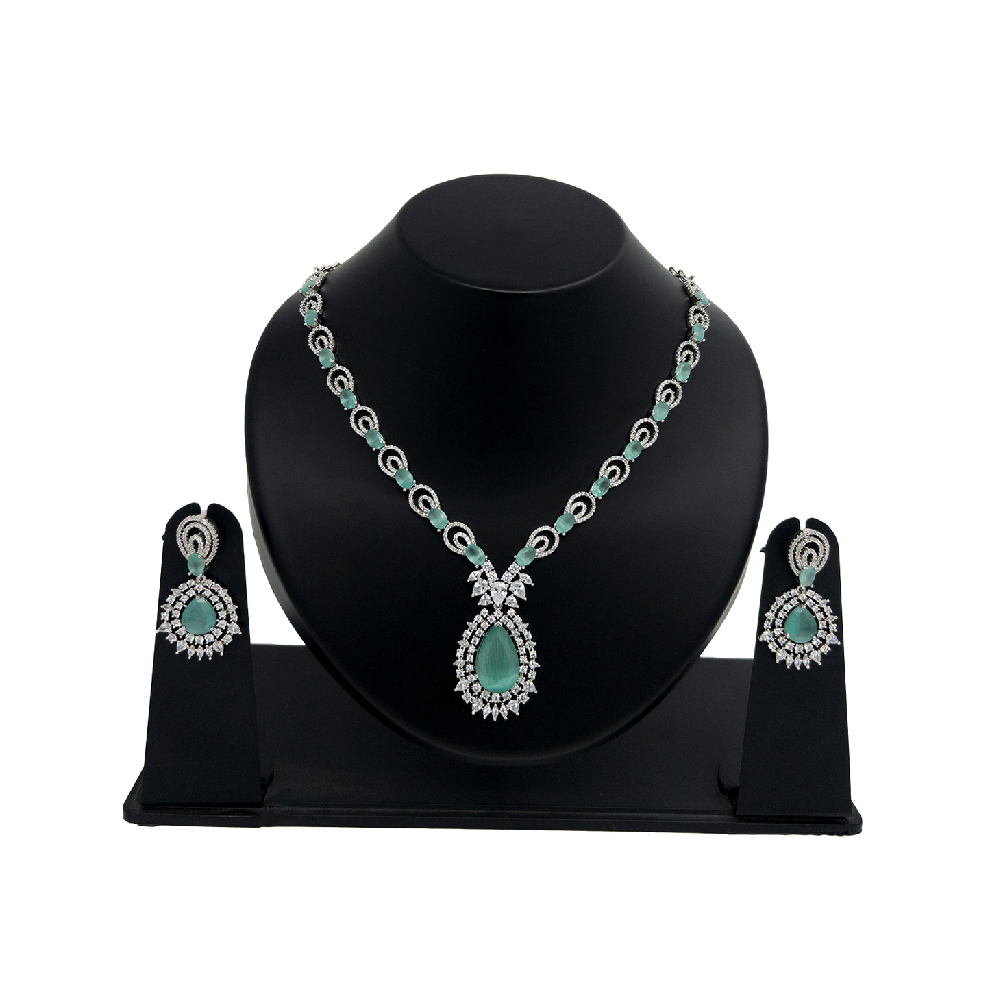 Shyneva Green Spark AD Necklace Set | Rhodium Plated Silver Jewellery