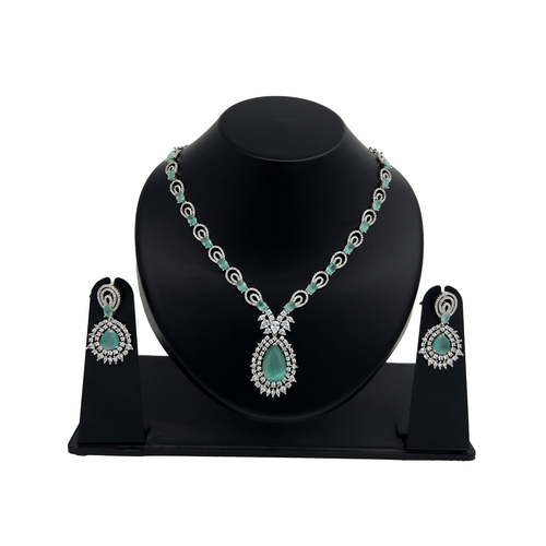 Shyneva Green Spark AD Necklace Set | Rhodium Plated Silver Jewellery