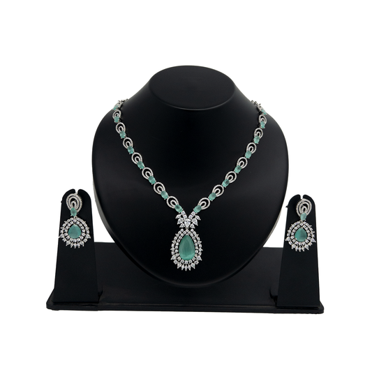 Shyneva Green Spark AD Necklace Set | Rhodium Plated Silver Jewellery