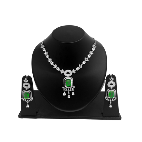 Shyneva Pink Classic Glow AD Necklace Set | Rhodium Plated Silver Jewellery