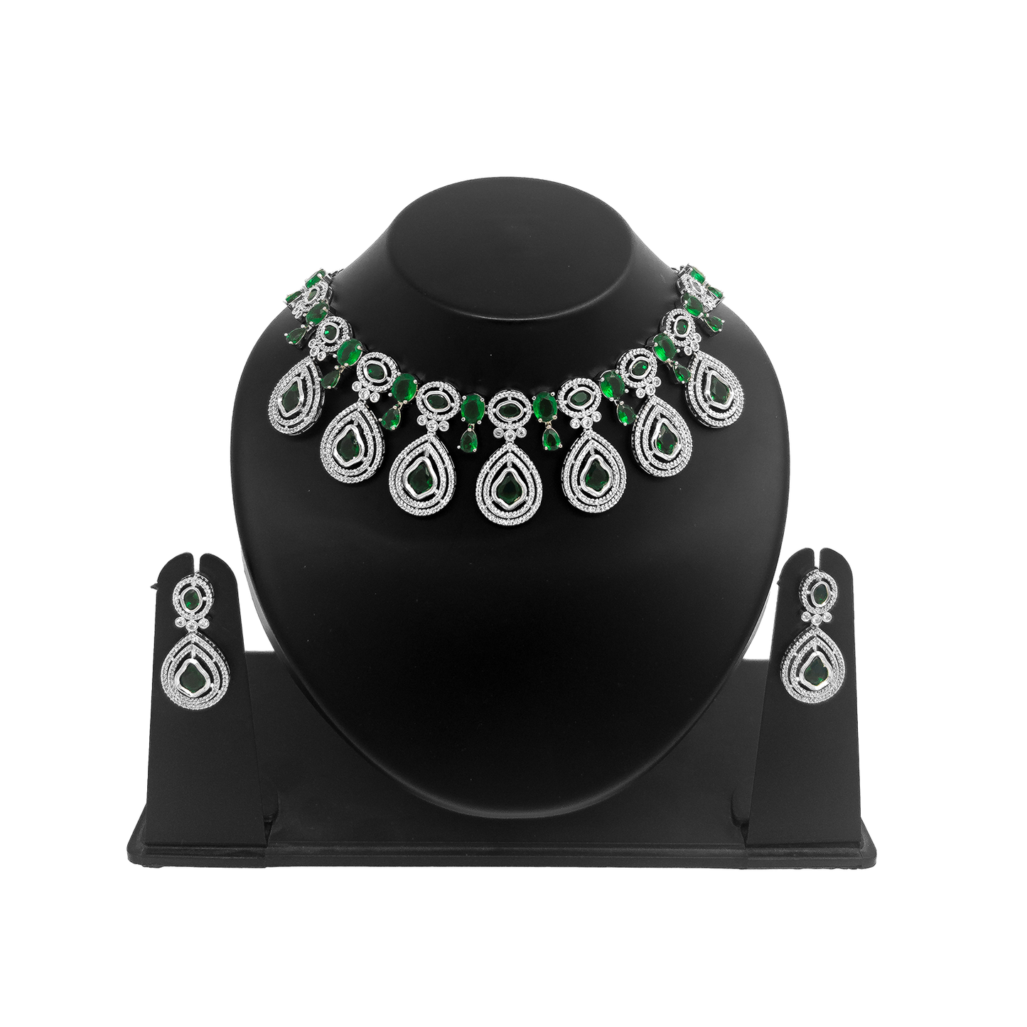 Shyneva Green Aura AD Necklace Set | Rhodium Plated Silver Jewellery