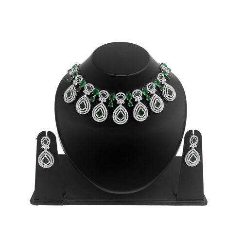 Shyneva Green Aura AD Necklace Set | Rhodium Plated Silver Jewellery