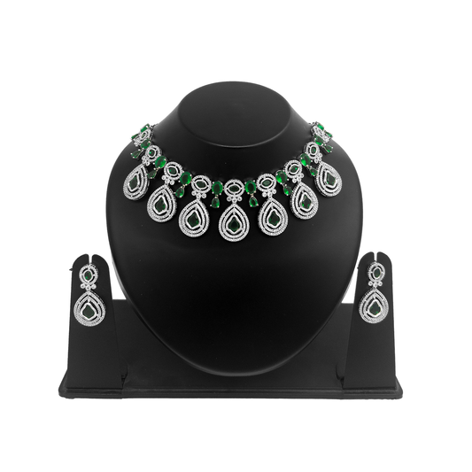 Shyneva Green Aura AD Necklace Set | Rhodium Plated Silver Jewellery