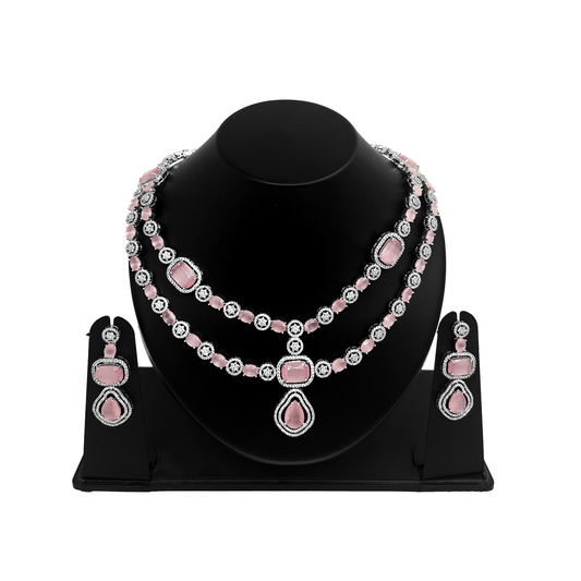 Shyneva Shimmering Beauty AD Necklace Set | Rhodium Plated Silver Jewellery