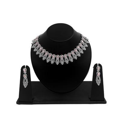 Shyneva Pink Opulent Shine AD Necklace Set | Rhodium Plated Silver Jewellery