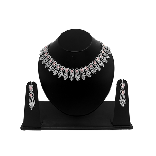 Shyneva Pink Opulent Shine AD Necklace Set | Rhodium Plated Silver Jewellery