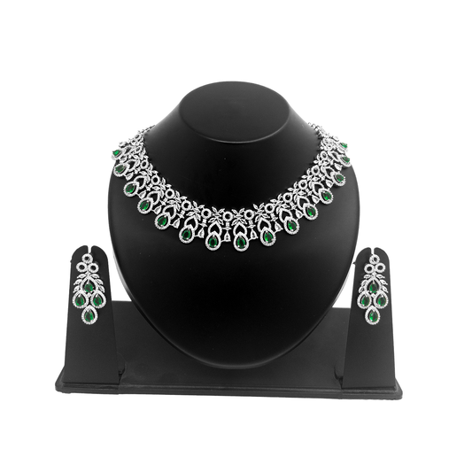 Shyneva Green Graceful Diva AD Necklace Set | Rhodium Plated Silver Jewellery