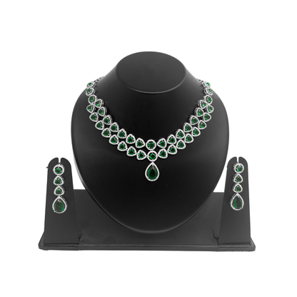 Shyneva Green Celestial Glow AD Necklace Set | Rhodium Plated Silver Jewellery
