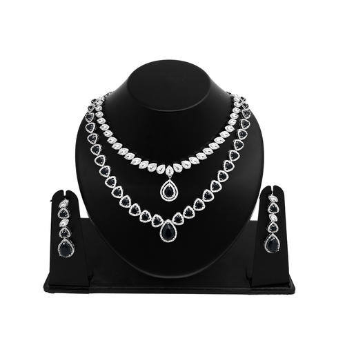 Shyneva Blue Diamond Bliss AD Necklace Set | Rhodium Plated Silver Jewellery