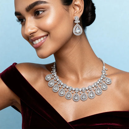 Shyneva Chic Glam AD Necklace Set | Rhodium Plated Silver Jewellery