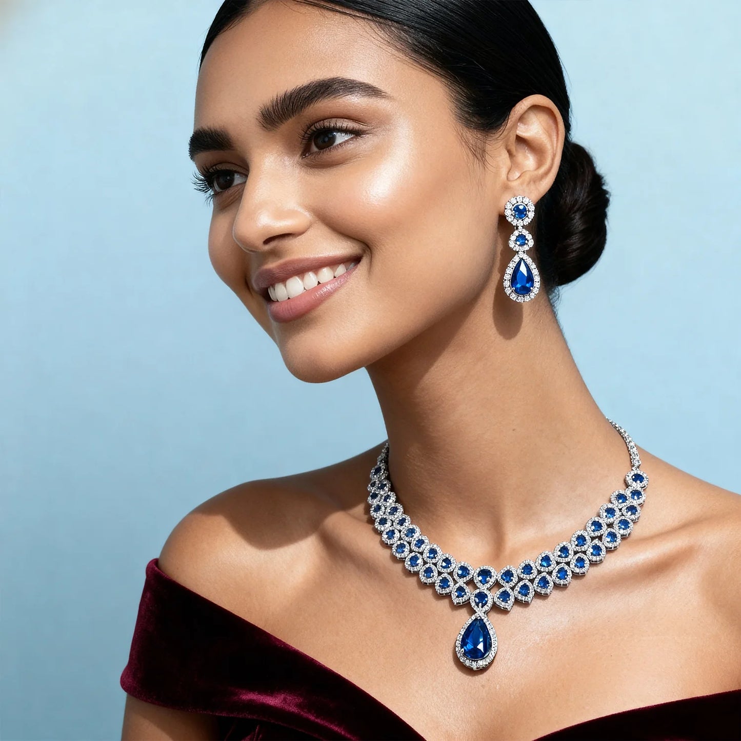 Shyneva Green Eternal Shine AD Necklace Set | Rhodium Plated Silver Jewellery