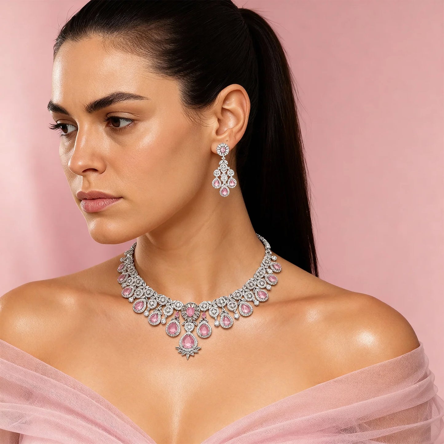 Shyneva Green Radiant Blossom AD Necklace Set | Rhodium Plated Silver Jewellery