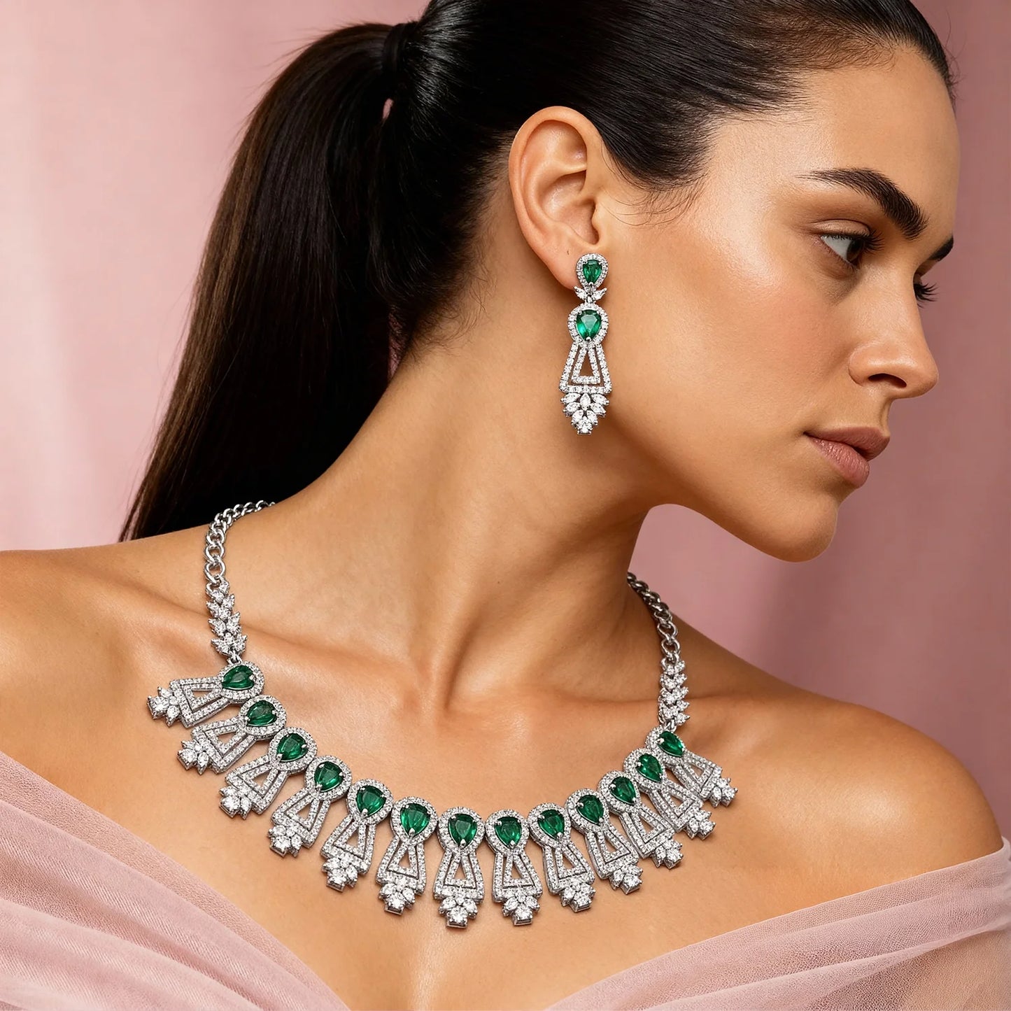 Shyneva Royal Green Bride AD Necklace Set | Rhodium Plated Silver Jewellery