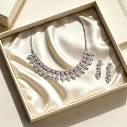 Shyneva Pink Opulent Shine AD Necklace Set | Rhodium Plated Silver Jewellery