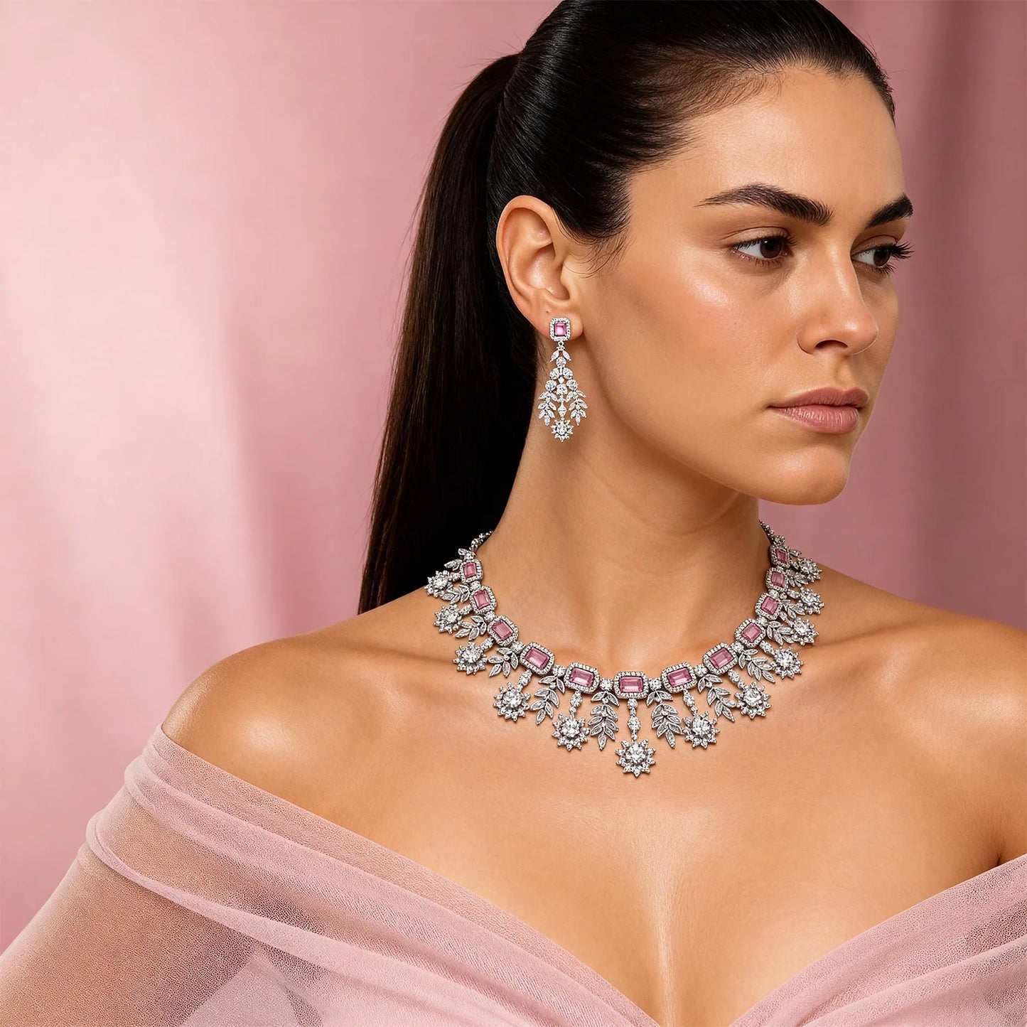 Shyneva Green Ethereal Glow AD Necklace Set | Rhodium Plated Silver Jewellery