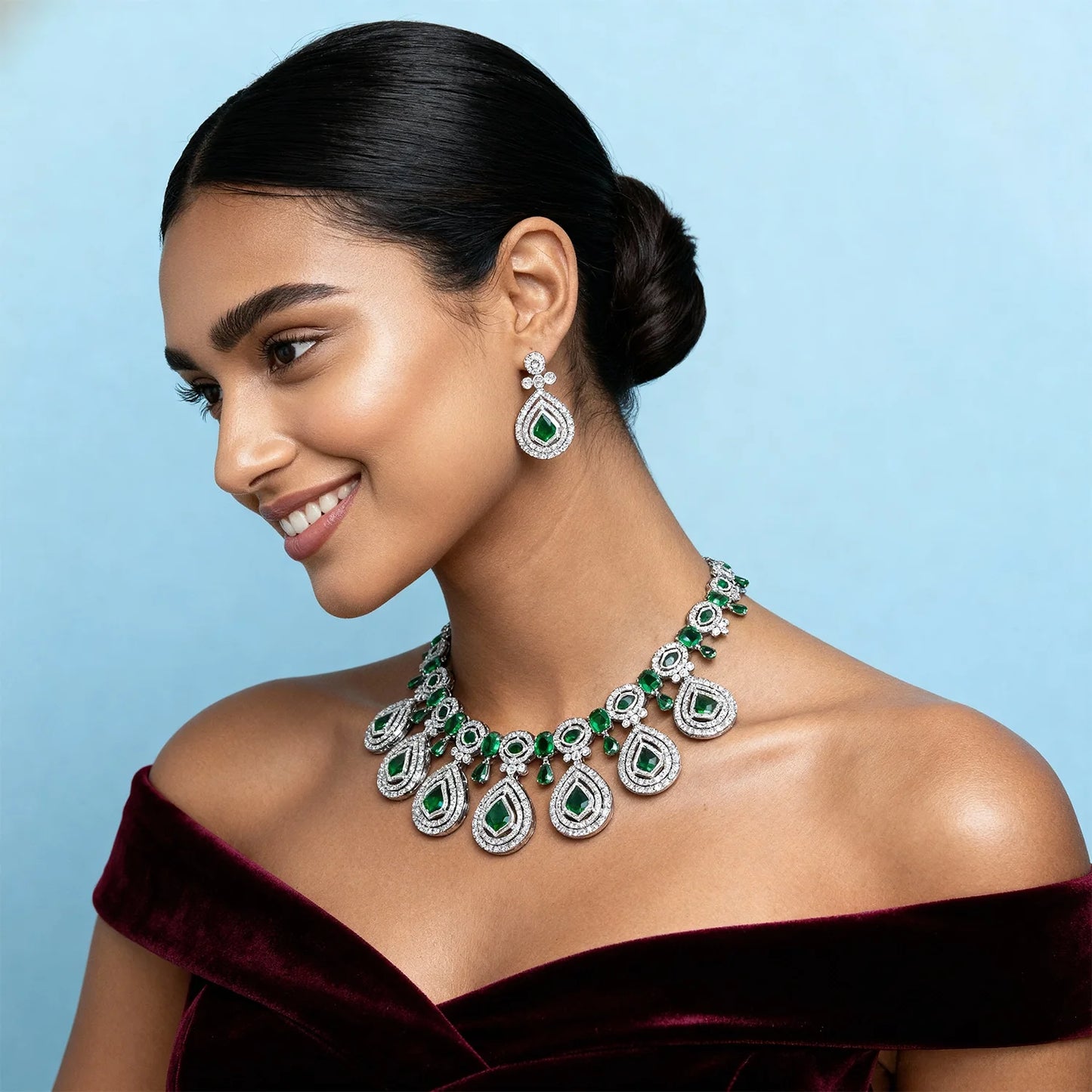 Shyneva Green Aura AD Necklace Set | Rhodium Plated Silver Jewellery