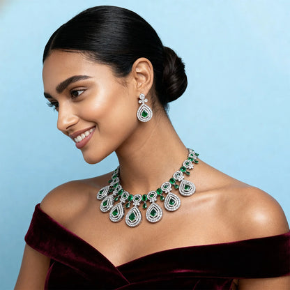 Shyneva Green Aura AD Necklace Set | Rhodium Plated Silver Jewellery