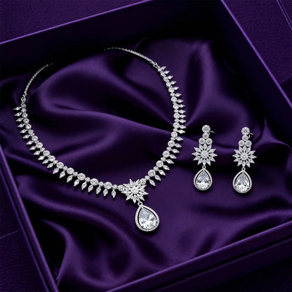 Shyneva Pure Elegance AD Necklace Set | Rhodium Plated Silver Jewellery
