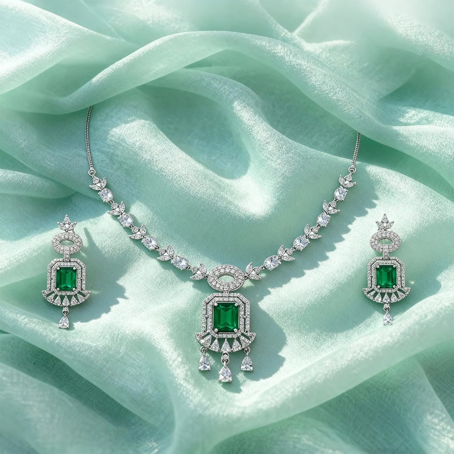 Shyneva Pink Classic Glow AD Necklace Set | Rhodium Plated Silver Jewellery