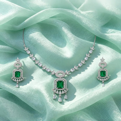 Shyneva Pink Classic Glow AD Necklace Set | Rhodium Plated Silver Jewellery