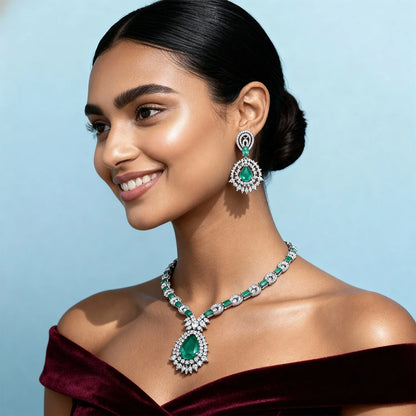 Shyneva Green Spark AD Necklace Set | Rhodium Plated Silver Jewellery