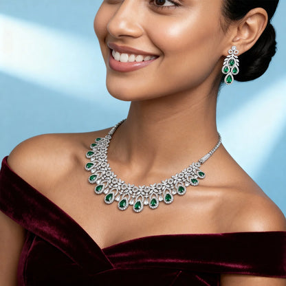 Shyneva Green Graceful Diva AD Necklace Set | Rhodium Plated Silver Jewellery