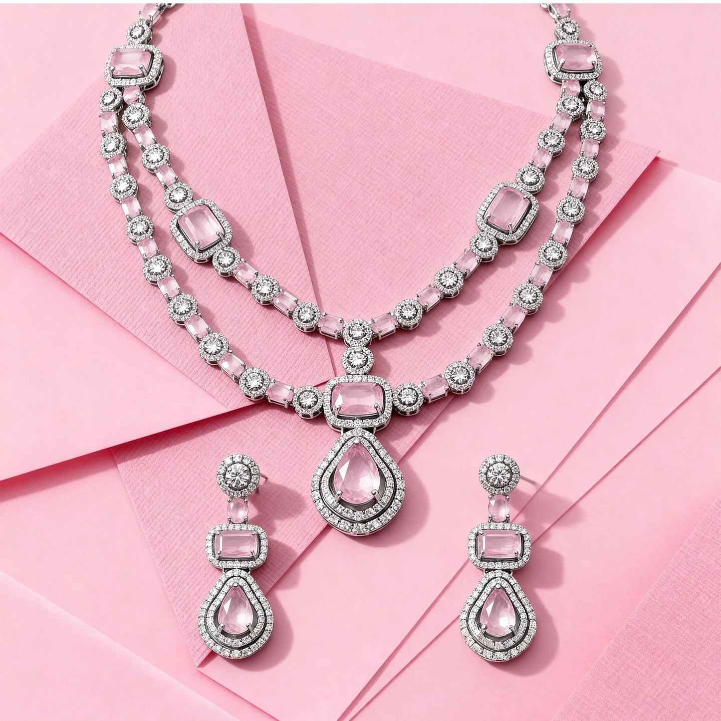 Shyneva Shimmering Beauty AD Necklace Set | Rhodium Plated Silver Jewellery