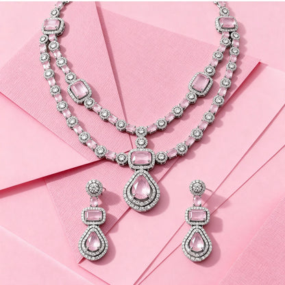 Shyneva Shimmering Beauty AD Necklace Set | Rhodium Plated Silver Jewellery