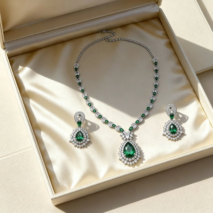 Shyneva Luxury Sparkle AD Necklace Set | Rhodium Plated Silver Jewellery