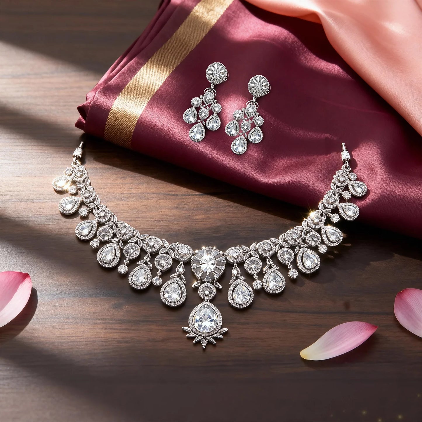 Shyneva Luxe Shine AD Necklace Set | Rhodium Plated Silver Jewellery