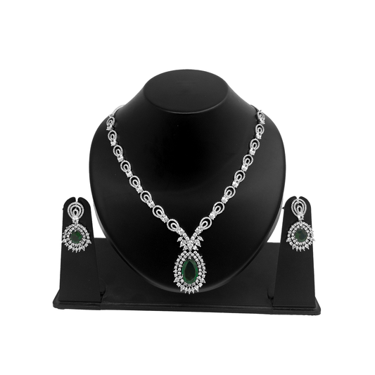 Shyneva Pink Charming Aura AD Necklace Set | Rhodium Plated Silver Jewellery