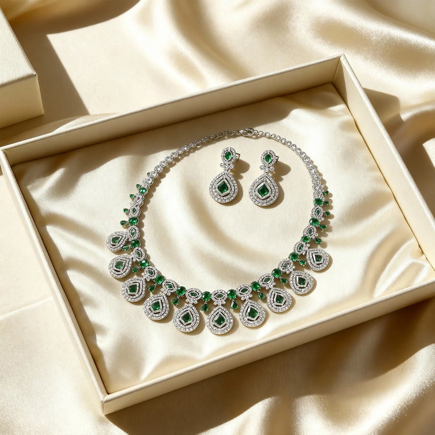 Shyneva Green Aura AD Necklace Set | Rhodium Plated Silver Jewellery