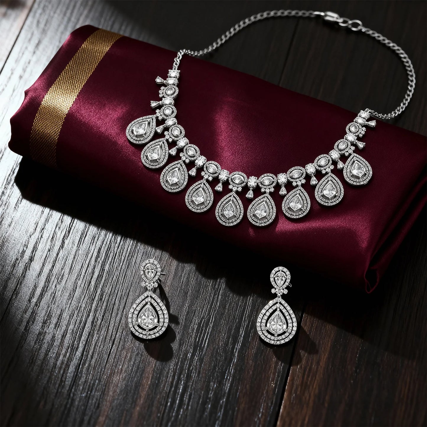 Shyneva Chic Glam AD Necklace Set | Rhodium Plated Silver Jewellery
