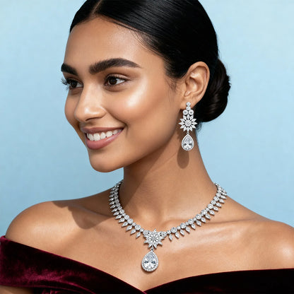 Shyneva Pure Elegance AD Necklace Set | Rhodium Plated Silver Jewellery