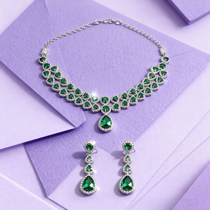 Shyneva Green Celestial Glow AD Necklace Set | Rhodium Plated Silver Jewellery
